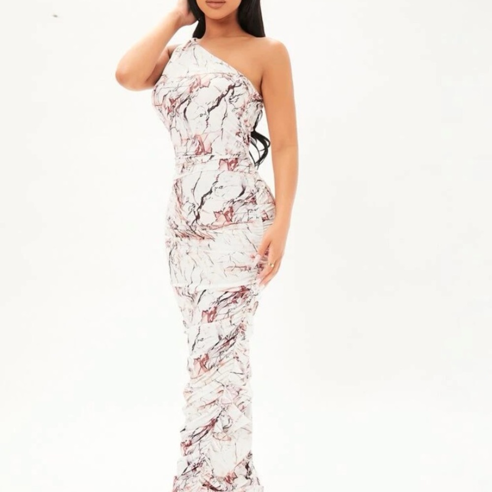 Marble print one shoulder ruched body con dress